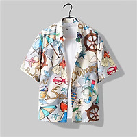 【COD】 Men T Shirt Summer Cardigan Lapel Short Sleeve Tops Trend Loose Retro Printing Shirt