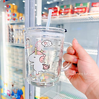 Cốc pha sữa, cốc thủy tinh chịu nhiệt chia vạch có nắp, có ống hút đa năng tiện lợi dung tích 400ml( giao hình ngẫu nhiên)