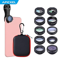 APEXEL 10 in 1 Phone Camera Lens Kit with 0.63X Wide Angle + 15X Macro + 198°Fisheye + 2X Telephoto + CPL + Star Filter