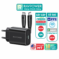 Combo Củ Sạc Nhanh 25W Type C RAVPower RP-PC156-B và Cáp Type C to C 60W Dài 1M RP-CB047-B Cho Điện Thoại Samsung, Vivo, Oppo, Xiaomi - Hàng Chính Hãng