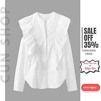 Áo Sơ Mi Cổ Tàu Viền Bèo Tay Dài Phong Cách Tiểu Thư - Áo Sơ Mi Nữ Cổ Tàu Phối Bèo Xinh Xắn Diện Thu Cực Phù Hợp