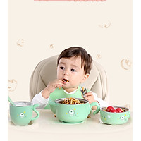 Bộ bát ăn dặm có nắp cho bé 5 món Hàng Của ĐỨC giữ nhiệt + chống rơi vỡ + chống tràn (xanh)