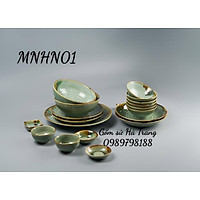 Bộ bát đĩa gốm sứ Bát Tràng cao cấp không chì men ngọc xuất dư MNHN01