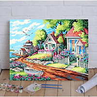 Tranh sơn dầu số hoá tự tô đã căng sẵn khung nhà gỗ A11