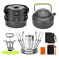 Outdoor Camping Cookware Mess Kit Pot Pan Kettle Cooking Set Tableware with Stove Spoon Fork Cutter for Camping Hiking