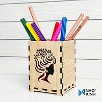 Lọ cắm viết hộp ống đựng bút bằng gỗ để bàn trang trí và sử dụng - Hình cô gái