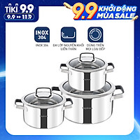 Bộ 3 Nồi Đáy Từ Đa Lớp Nguyên Khối Inox 304 Cao Cấp Nagakawa NAG1353 (16cm, 20cm, 24cm) - Dùng Trên Mọi Loại Bếp - Hàng Chính Hãng
