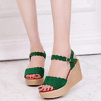【Quần áo SF】New Women's Sandals Women's Shoes Open ToePUKorean Style Solid Color Wedge High Heel Buckle Sandals JK1u