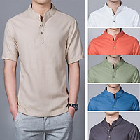 【COD】 Men Shirt Fashion Chinese Style Cotton And Linen Summer Stand-up Collar Short Sleeve Slim Fit Leisure Clothes Loose T-shirt