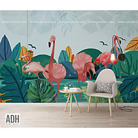 Tranh dán tường hồng hạc, flamingo bên đầm nước ADH190920