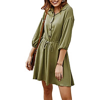 Fashion Women Shirt Dress Solid Turn-down Collar Three Quarter Sleeve Single Breasted Button Drawstring Bandage Mini