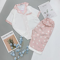 Bộ Lụa Satin Cổ Tim Tay Ngắn Quần Ngố - Babi mama - Đồ Bộ Mặc Nhà Bộ Ngủ Pijama BP04