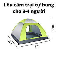 Lều cắm trại 3-4 người tự bung kích thước 2 x 2 x 1.2m nặng 1.7kg, liều cắm trại 2 cửa mini gấp gọn chống thấm dùng để đi cắm trại du lịch dã ngoại ngoài trời tiện lợi
