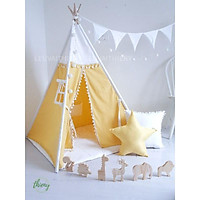 Lều vải cho bé màu vàng cotton 100% linen cao cấp cọc gỗ tự nhiên an toàn cho trẻ