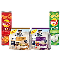 Combo Cho cả nhà: Yến mạch Quaker Vị Mocha 336g, Berry 450g & Lay's Stax Thái Vị Mực Cay 105g, Lay's Stax Thái Vị Kem Chua và Hành Tây 105g