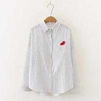 Fruit Embroidery Female Shirts Outwear Tops Autumn Women Cotton Blouse Office Lady V-neck Button Loose Clothing