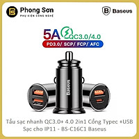 Tẩu sạc trên ô tô Baseus 2 cổng (USB +Type) sạc nhanh Q.C 4.0 30W c- Hàng Chính Hãng