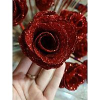 Đầu bông hồng lụa nhũ kim tuyến trang trí, đầu bông hồng nhũ kim tuyến bông to 10cm