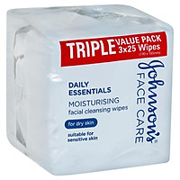 Johnson's Daily Essentials Facial Cleansing Wipes Dry Skin 3 x 25 Value Pack