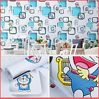 Giấy dán tường Doremon ô vuông xanh có keo sẵn khổ rộng 45cm, giấy decal dán tường Doraemon phòng ngủ cho bé