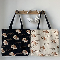 Túi tote vải canvas HAPPY phong cách Hàn quốc, có khóa miệng ngăn phụ bên trong tiện dụng-Haka store
