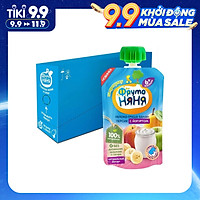 Thùng 12 Gói Trái cây nghiền vị táo, lê, chuối, đào cùng sữa chua Fruto Nyanya 90g