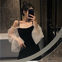 Đầm trễ vai hai dây tiểu tay bo thư sang chảnh ulzzang kèm ảnh thật