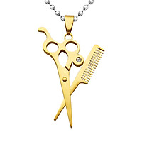 Hair Stylist Scissors and Comb Crystal Charm Stainless Steel Pendant Necklace 19.6 inch Chain