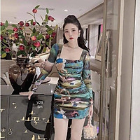 Đầm Nữ BODY Cổ Vuông Tay Dài Họa Tiết Thiết Kế Tôn Dáng Thời Trang Thích Hợp Đi Dạo, Dự Tiệc