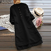 ZANZEA Long Top Solid Blouse Shirt Dress Women Long Sleeve Pockets Buttons Dress