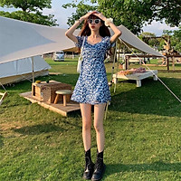 váy hoa nhí xanh bầu trời tung bay trong gió cổ vuông ulzzang hàn quốc