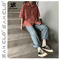 Áo sơ mi nữ SAM CLO cổ bẻ tay ngắn có túi - lỡ ulzzang form freesize dáng rộng unisex mặc cặp, nhóm, couple HÌNH THÊU