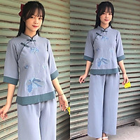 Đồ Lam Đi Chùa # Sẫm Thêu Vải Đũi Cao Cấp # Đồ Bộ # Quần Áo Nữ