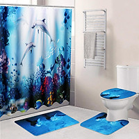 Multicolor/Set Waterproof Non-Slip Bathroom Shower Curtain + 2x Floor Mat + Toilet Cover Bath Mat Rug Polyester Mate Ocean Decoration