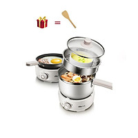 Chảo Điện Đa Năng Mini Dùng Chưng, Chiên, Hấp, Hầm Canh, Nấu Lẩu, Mì Dành Cho 1 2 Người + TẶNG Ổ CẮM CHUYỂN ĐỔI 3 CHẤU THÀNH 2 CHẤU