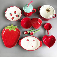 Set Bát Đĩa Đỏ Bát Ăn Cơm, Ăn Mì, Decor Bàn Ăn Dễ Thương