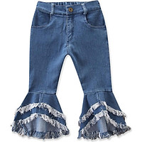 Children Kids Baby Girls Flare Pants Denim Tassel Jeans Pants