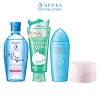 Bộ sản phẩm Senka làm sạch, dưỡng ẩm và chống nắng dành cho da mụn (Tẩy trang White 230ml + Sữa Rửa Mặt Acne 100g + Gel chống nắng Senka UV Gel 80ml + Kem dưỡng trắng da ban đêm Senka Glow Gel Cream 50g)