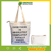 Túi Tote Thời Trang Nữ Vải Bố Canvas Cao Cấp In Chữ "Everything Is Absolutely Completely Totally Under Control" Dạng Quai Cotton Đeo Vai Có Khóa Kéo Ngăn Phụ Trong Ngoài Kèm Quà Tặng Túi Đựng Mỹ Phẩm Mini Cute