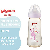 Bình sữa cổ rộng PPSU Plus Voi xanh/ Thỏ hồng Pigeon 330ml (L)