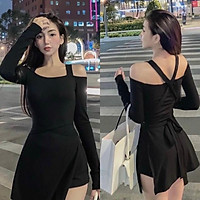 .Set áo đen 2 dây hở/bẹt/trễ vai tay dài xẻ tà + quần đùi ngắn ôm body, thời trang đi chơi dạo phố sang trọng quyến rũ M
