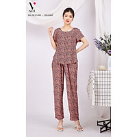 Bộ đồ nữ mặc nhà trung niên cho các bà, các mẹ - Bộ đồ ngủ lanh (tole) - Bộ mặc nhà trung niên vải lanh (tole) Vicci BGD.082 thiết kế áo cộc tay phối quần dài lưng thun in hoạ tiết