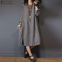 ZANZEA Womens Plaid Long Sleeve Kaftan Casual Loose Baggy Vintage Midi Shirt Dress