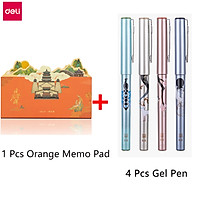 Deli 1 Pcs Memo Pads And 4 Pcs Gel Pen Set 120 Sheets Memo Sticker Journal Scrapbooking DIY Notepads Mini Memo Note 0.5mm Black Ink Neutral Pen Straight liquid Signature Pen Student Exam Pen Writing Kits