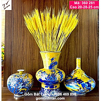 Bộ 3 bình hút tài lộc vẽ vàng 24 k, mã 360281, vuốt tay thủ công mỹ nghệ, cao 20-28-25 cm, vẽ tay cảnh cá chép hoa sen, chim công, vinh hoa phú quý, ý nghĩa phong thuỷ, gốm bát tràng tinh vân