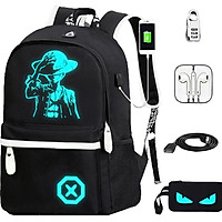 Bộ Balo Phát Sáng Hình Luffy (Tặng Ví + Cáp Sạc Usb + Tai Nghe + Khóa Số Chống Trộm)