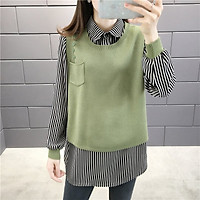 SHOPPRO - Áo Len Nữ Tính Dạo Phố Dáng Suông Kiểu Áo Len Phối Cổ Sơ Mi Họa Tiết Sọc Tay Bo 2130