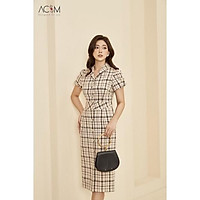 Đầm dáng bút chì AC&M chất liệu đũi tex - họa tiết kẻ caro nâu đỏ
