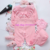 HÀNG CAO CẤP- Body ren nơ cotton dài tay dài chân kèm mũ ren cho bé sơ sinh đầy tháng