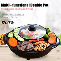 2 in 1 l Stone Electric BBQ Grill Nonstick Teppanyaki and Hot Pot Set Asian Soup Stone Coated Korean Style Electric Teppanyaki Griddle BBQ Grill Black- 1700W